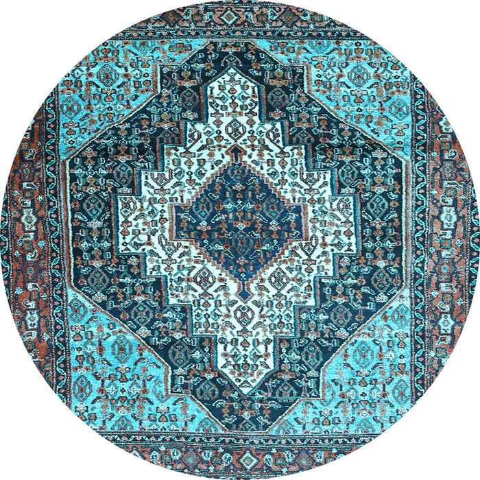 Round Machine Washable Medallion Light Blue Traditional Rug, wshtr1147lblu