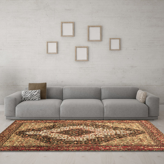 Machine Washable Medallion Brown Traditional Rug in a Living Room,, wshtr1147brn