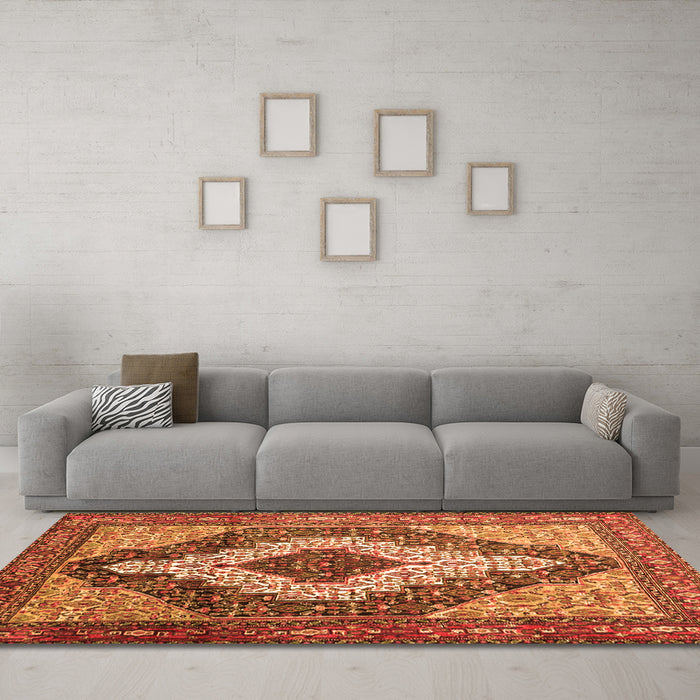 Machine Washable Medallion Orange Traditional Area Rugs in a Living Room, wshtr1147org
