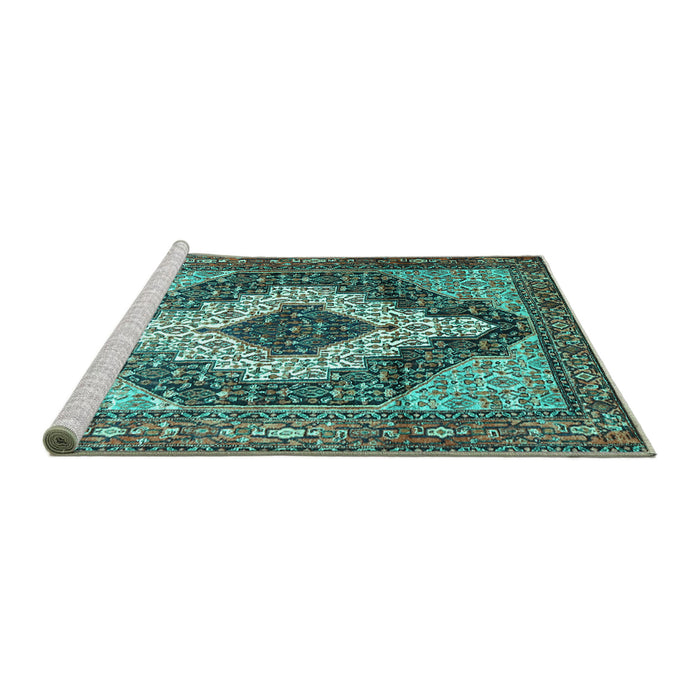 Sideview of Machine Washable Medallion Turquoise Traditional Area Rugs, wshtr1147turq