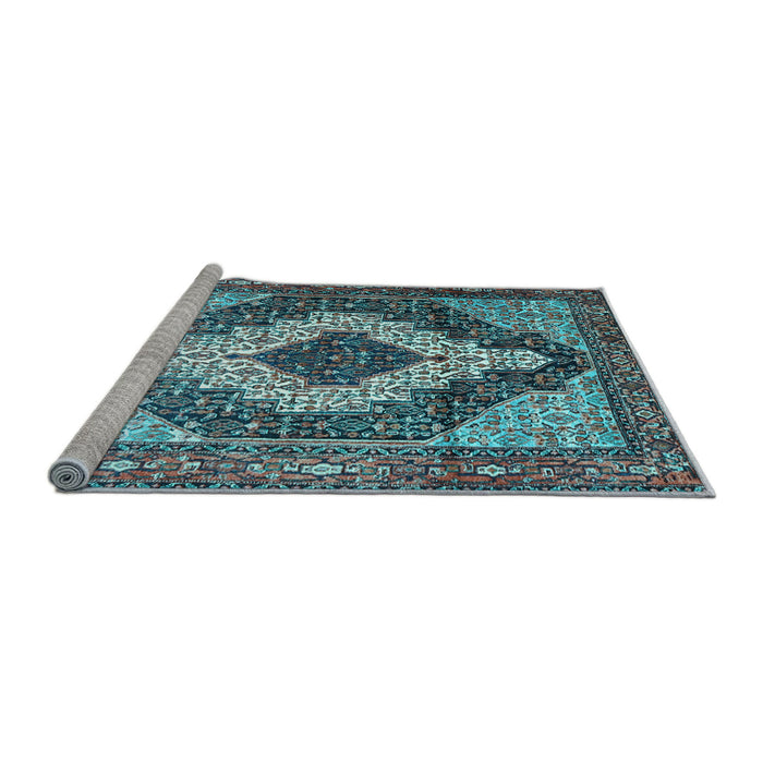 Sideview of Machine Washable Medallion Light Blue Traditional Rug, wshtr1147lblu