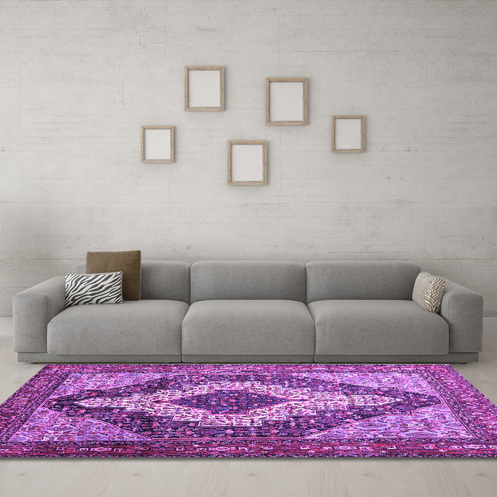 Machine Washable Medallion Purple Traditional Area Rugs in a Living Room, wshtr1147pur