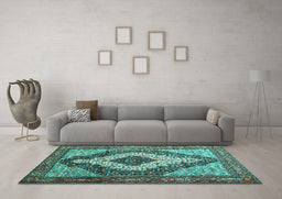 Machine Washable Medallion Turquoise Traditional Area Rugs in a Living Room,, wshtr1147turq