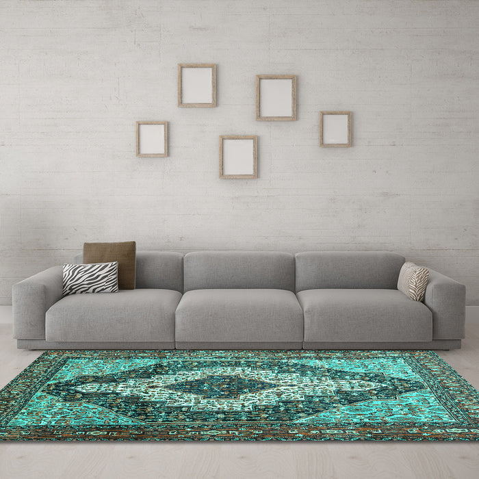Machine Washable Medallion Turquoise Traditional Area Rugs in a Living Room,, wshtr1147turq