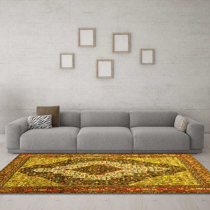 Machine Washable Medallion Yellow Traditional Rug in a Living Room, wshtr1147yw