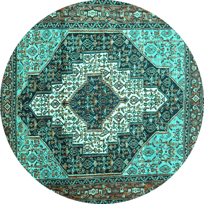 Round Machine Washable Medallion Turquoise Traditional Area Rugs, wshtr1147turq