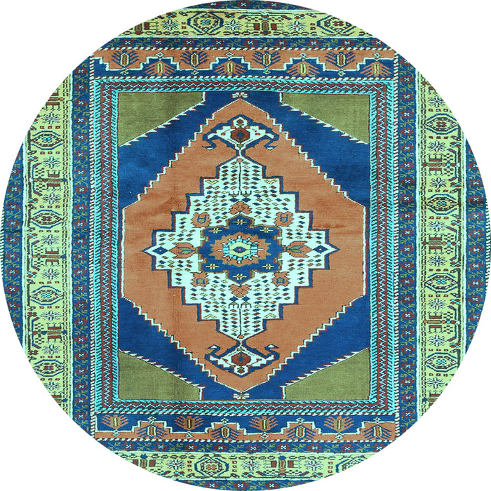 Round Machine Washable Medallion Light Blue Traditional Rug, wshtr1148lblu