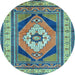 Round Machine Washable Medallion Light Blue Traditional Rug, wshtr1148lblu