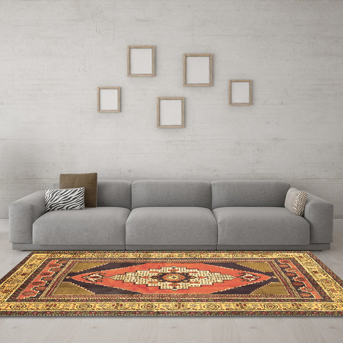 Machine Washable Medallion Brown Traditional Rug in a Living Room,, wshtr1148brn