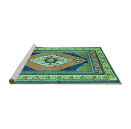 Sideview of Machine Washable Medallion Turquoise Traditional Area Rugs, wshtr1148turq