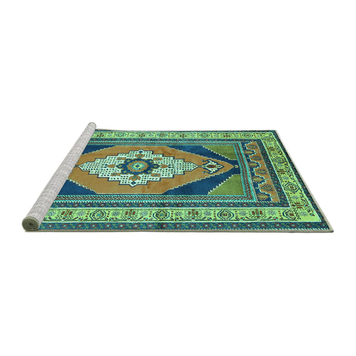 Sideview of Machine Washable Medallion Turquoise Traditional Area Rugs, wshtr1148turq