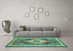 Machine Washable Medallion Turquoise Traditional Area Rugs in a Living Room,, wshtr1148turq