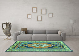 Machine Washable Medallion Turquoise Traditional Area Rugs in a Living Room,, wshtr1148turq