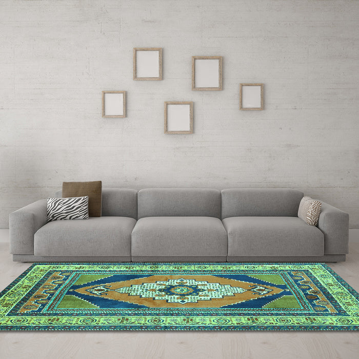 Machine Washable Medallion Turquoise Traditional Area Rugs in a Living Room,, wshtr1148turq