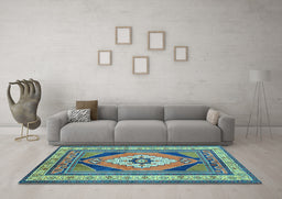 Machine Washable Medallion Light Blue Traditional Rug in a Living Room, wshtr1148lblu