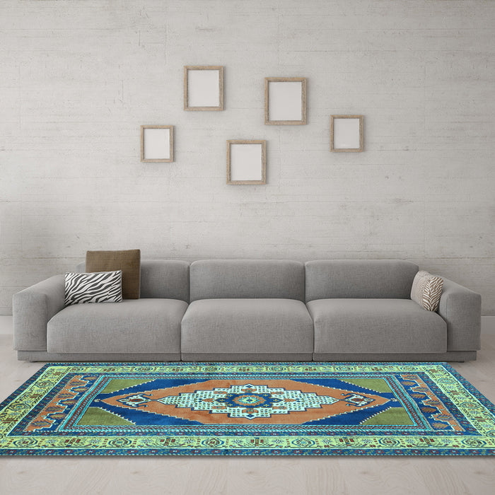 Machine Washable Medallion Light Blue Traditional Rug in a Living Room, wshtr1148lblu
