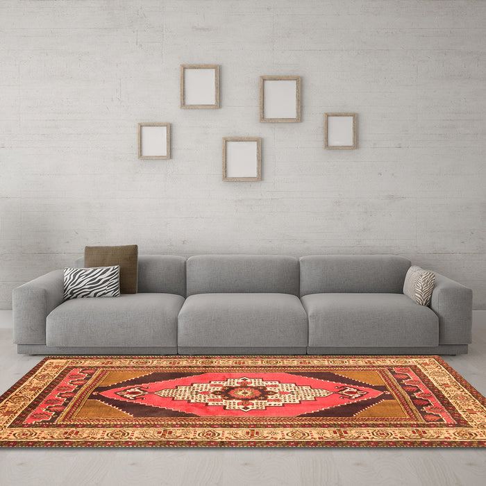 Machine Washable Medallion Orange Traditional Area Rugs in a Living Room, wshtr1148org