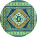 Round Machine Washable Medallion Turquoise Traditional Area Rugs, wshtr1148turq