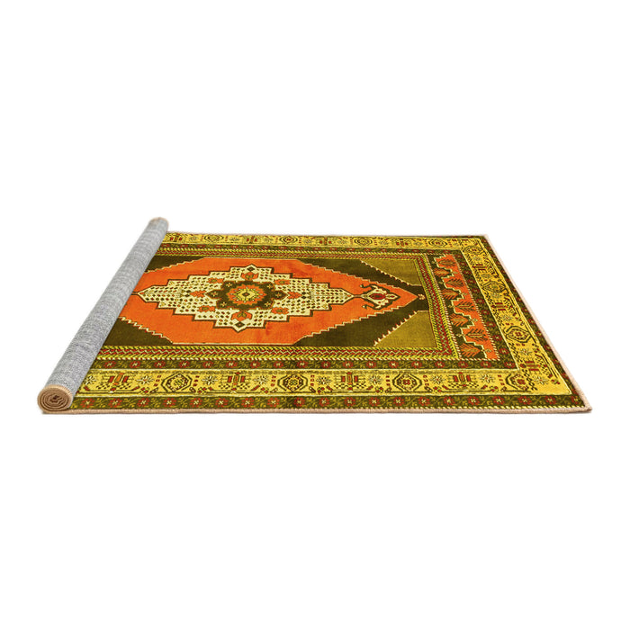Sideview of Machine Washable Medallion Yellow Traditional Rug, wshtr1148yw