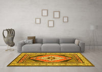 Machine Washable Medallion Yellow Traditional Rug, wshtr1148yw