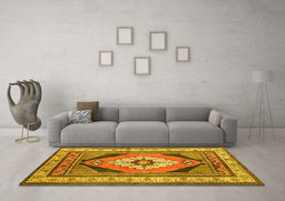 Machine Washable Medallion Yellow Traditional Rug in a Living Room, wshtr1148yw