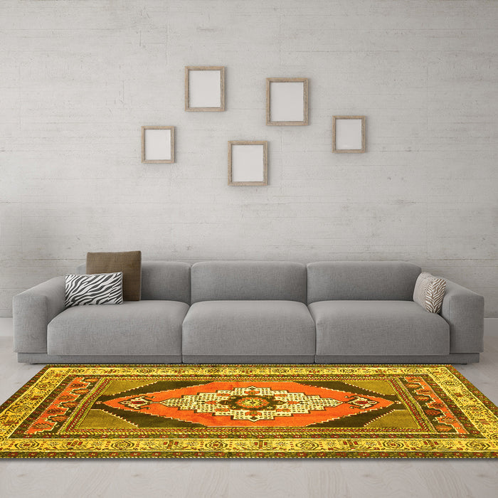 Machine Washable Medallion Yellow Traditional Rug in a Living Room, wshtr1148yw