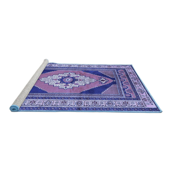 Sideview of Machine Washable Medallion Blue Traditional Rug, wshtr1148blu