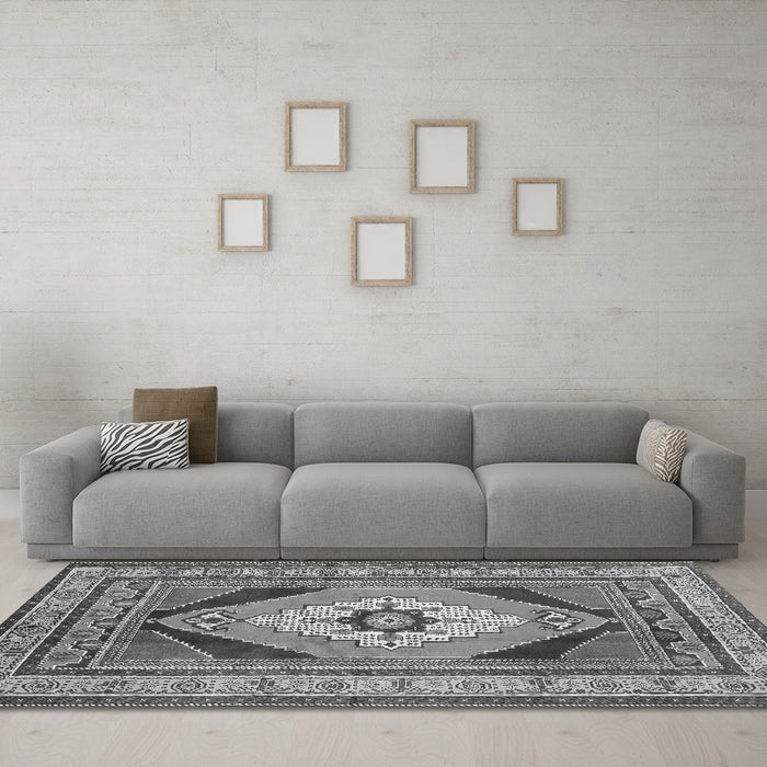 Machine Washable Medallion Gray Traditional Rug in a Living Room,, wshtr1148gry