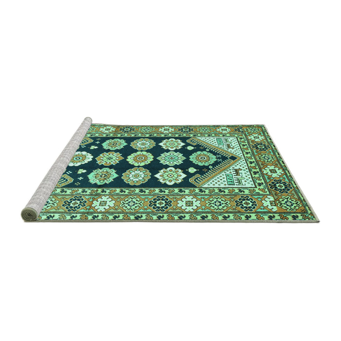 Sideview of Machine Washable Persian Turquoise Traditional Area Rugs, wshtr1149turq