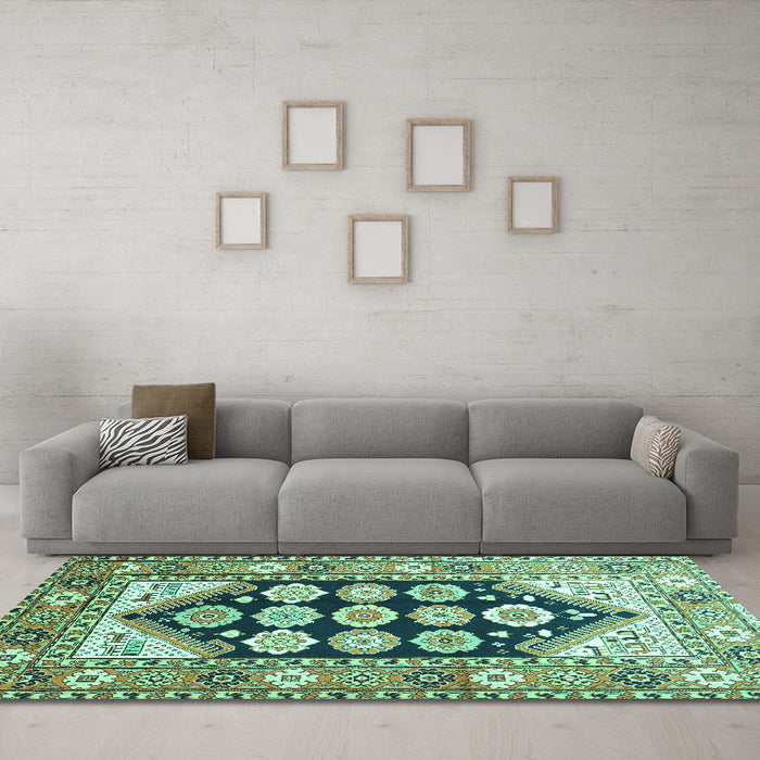 Machine Washable Persian Turquoise Traditional Area Rugs in a Living Room,, wshtr1149turq