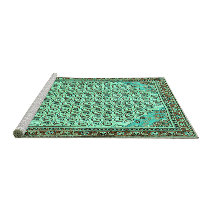 Sideview of Machine Washable Persian Turquoise Traditional Area Rugs, wshtr114turq