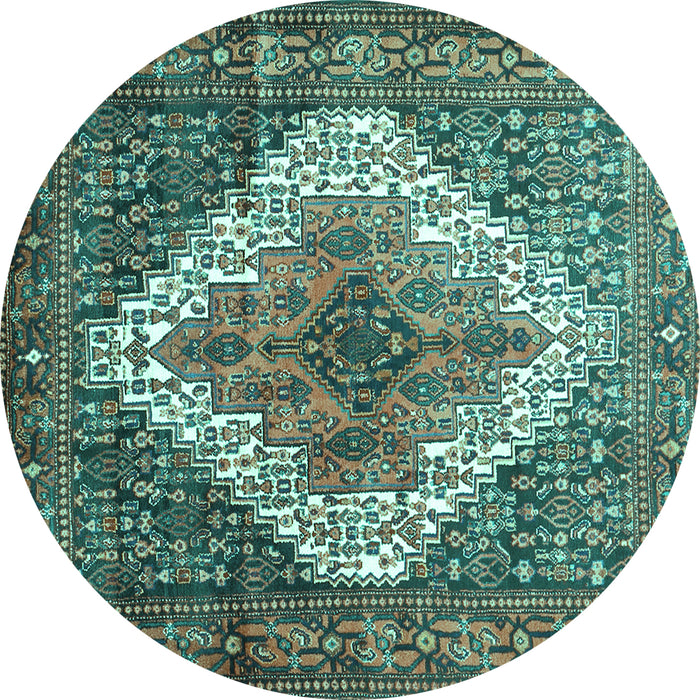 Round Machine Washable Medallion Turquoise Traditional Area Rugs, wshtr1150turq