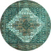 Round Machine Washable Medallion Turquoise Traditional Area Rugs, wshtr1150turq