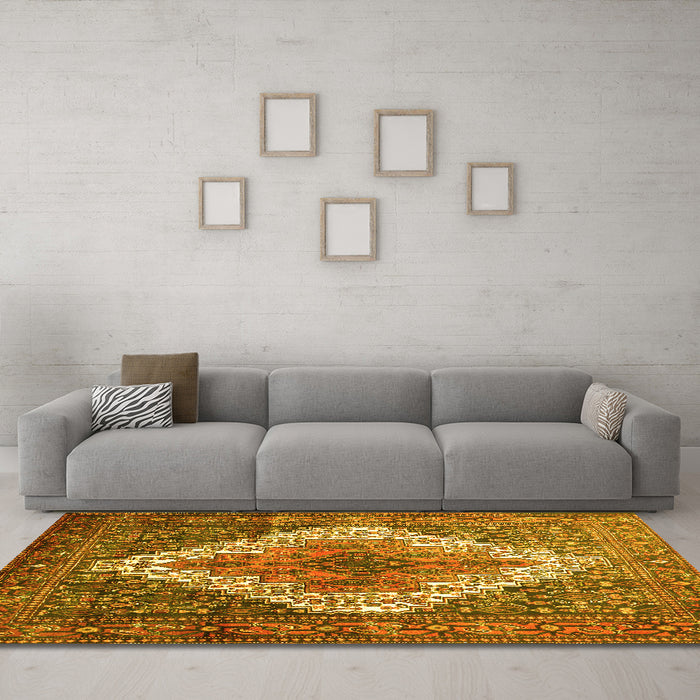 Machine Washable Medallion Yellow Traditional Rug in a Living Room, wshtr1150yw