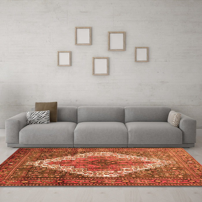 Machine Washable Medallion Orange Traditional Area Rugs in a Living Room, wshtr1150org