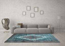 Machine Washable Medallion Light Blue Traditional Rug in a Living Room, wshtr1150lblu