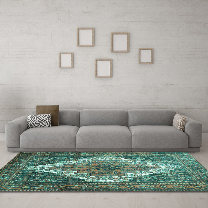 Machine Washable Medallion Turquoise Traditional Area Rugs in a Living Room,, wshtr1150turq