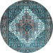 Round Machine Washable Medallion Light Blue Traditional Rug, wshtr1150lblu