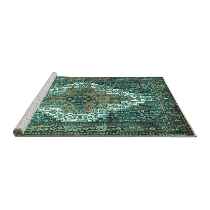 Sideview of Machine Washable Medallion Turquoise Traditional Area Rugs, wshtr1150turq