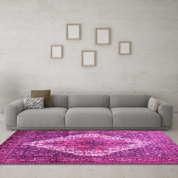 Machine Washable Medallion Pink Traditional Rug in a Living Room, wshtr1150pnk