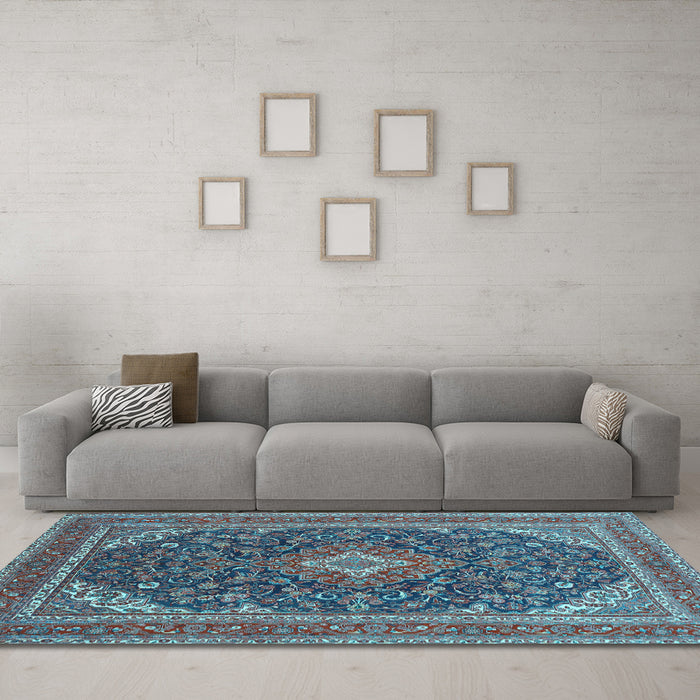 Machine Washable Medallion Light Blue Traditional Rug in a Living Room, wshtr1151lblu