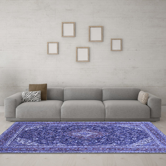 Machine Washable Medallion Blue Traditional Rug in a Living Room, wshtr1151blu