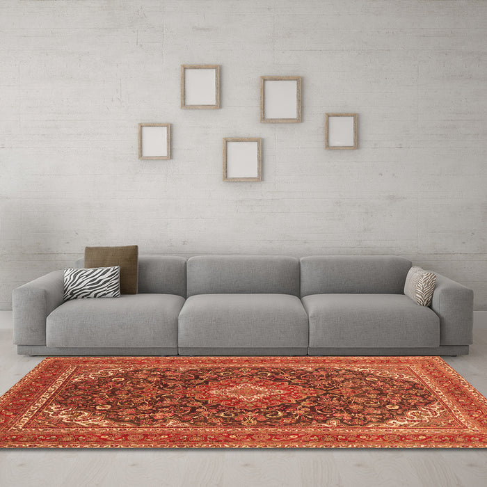 Machine Washable Medallion Orange Traditional Area Rugs in a Living Room, wshtr1151org