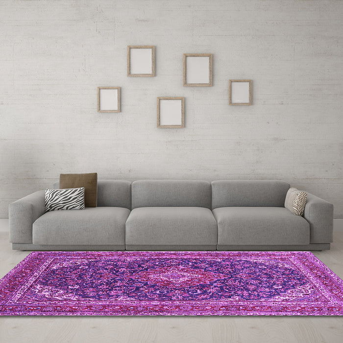 Machine Washable Medallion Purple Traditional Area Rugs in a Living Room, wshtr1151pur