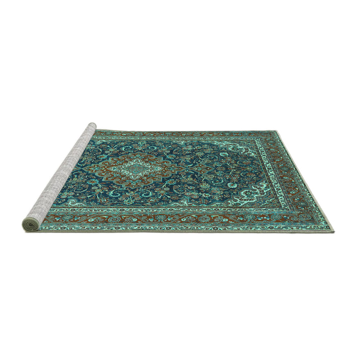 Sideview of Machine Washable Medallion Turquoise Traditional Area Rugs, wshtr1151turq