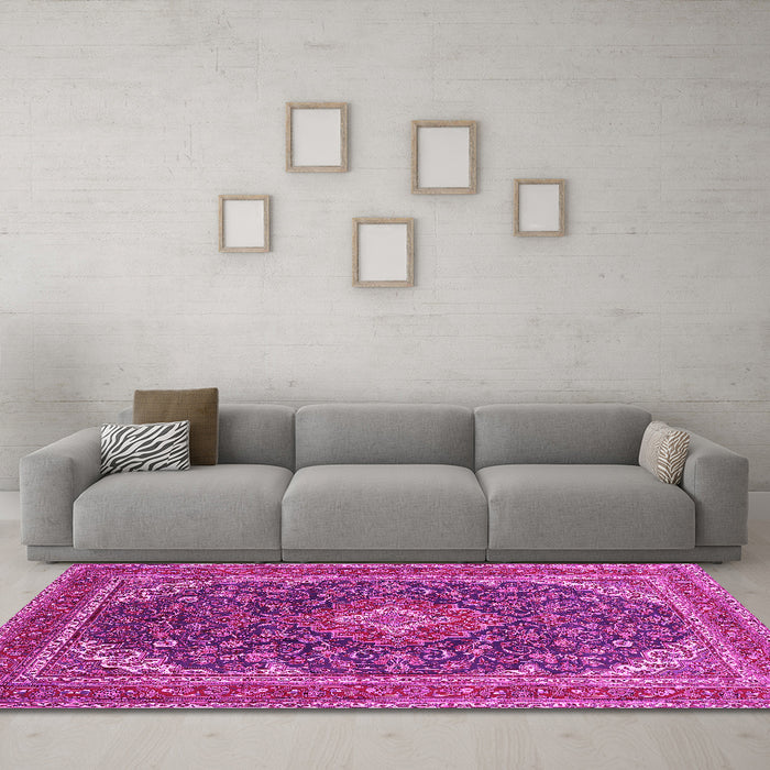 Machine Washable Medallion Pink Traditional Rug in a Living Room, wshtr1151pnk