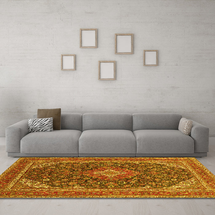 Machine Washable Medallion Yellow Traditional Rug in a Living Room, wshtr1151yw
