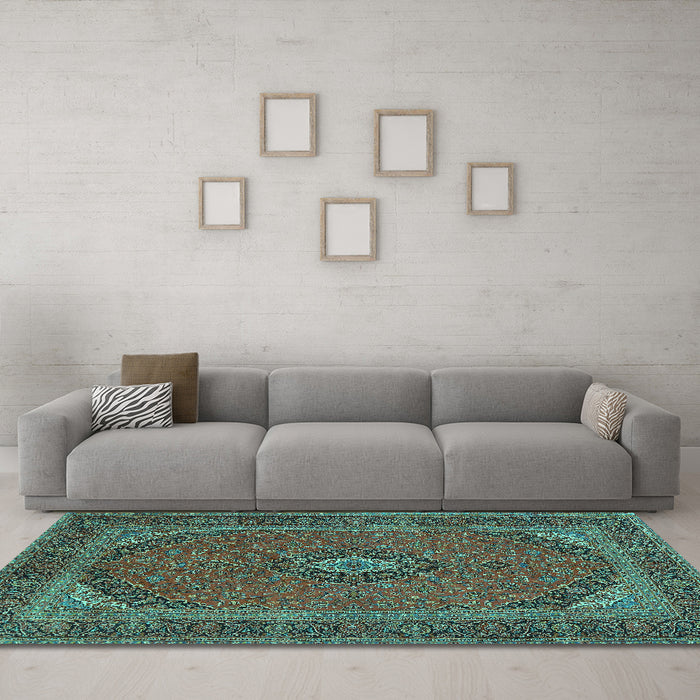 Machine Washable Medallion Turquoise Traditional Area Rugs in a Living Room,, wshtr1152turq