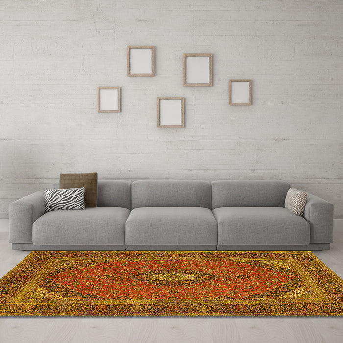 Machine Washable Medallion Yellow Traditional Rug in a Living Room, wshtr1152yw