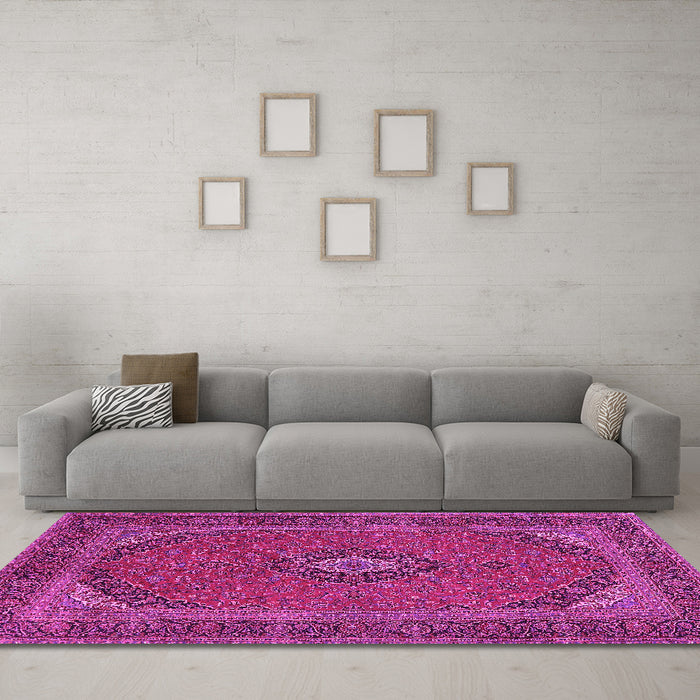 Machine Washable Medallion Pink Traditional Rug in a Living Room, wshtr1152pnk